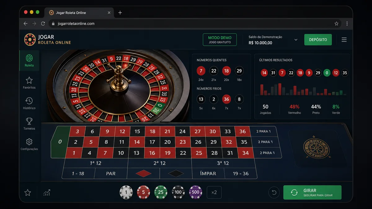 Interface de roleta online com roda, grade de apostas, fichas e histórico de resultados